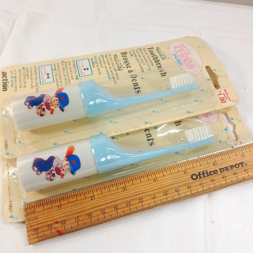 Vintage Tiny Tykes Musical Toothbrush SET 2 Kids Toddler‎ Chimes Baseball Boy